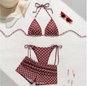 White Dot Print Micro Thong 3 Piece Bikinis Sets Bottoms Shorts Swimwear Sexy Swimsuit, Modest Swimwear, polka dot bikini, 3 piece swimsuit, Y2K bikini, cute swimwear, beach outfit, and coquette style