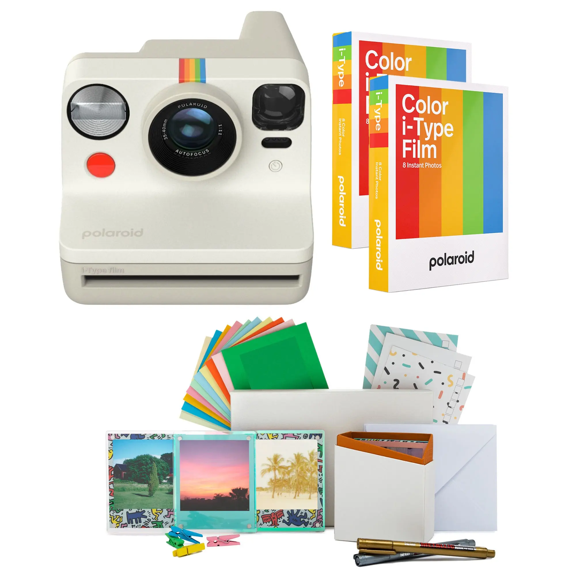 Polaroid NOW Gen 2 Instant Camera (Vintage White) with 2-Pack Film, Flash Function, and Photo Box Kit, Built-In Flash