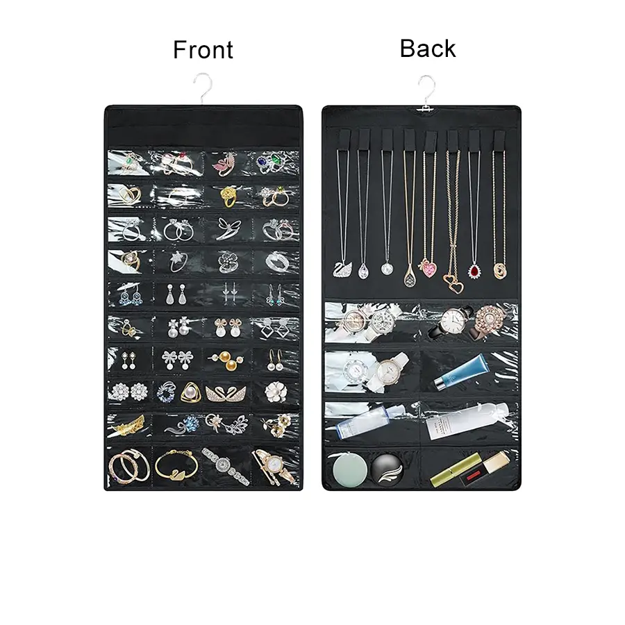 Hanging Jewelry Organizer with Hooks, Double Sided Jewelry Rack, Accessory Storage Hanging Bag, Multilayer Storage, Compartmentalized, Divided Compartments, 48/80 Jewelry Storage Pockets for Earrings, Necklaces, Rings, Watches, Walls, Doors, Closets