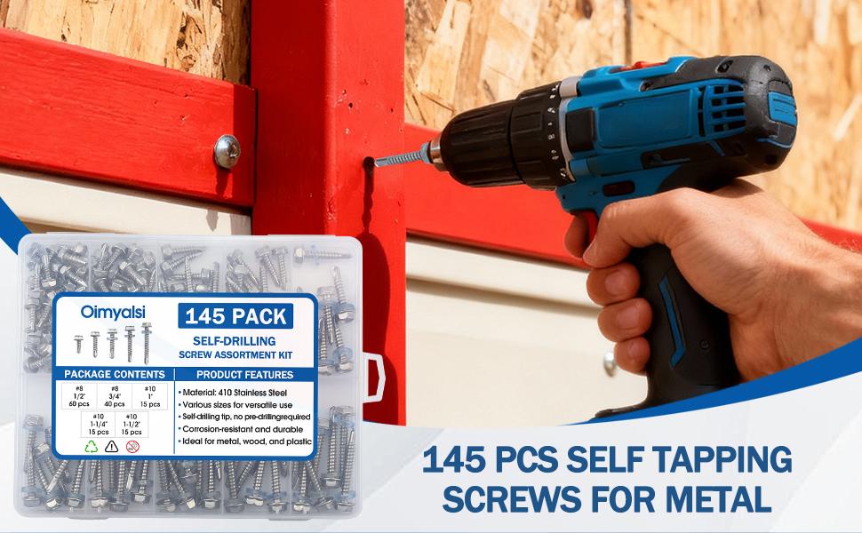 145 PCS Self Tapping Screws for Metal – 410 Stainless Steel Self Drilling Screws Kit, Multiple Sizes (#10 with Washers), Hex Head, Rust-Resistant for Wood, Plastic, Roofing, DIY Projects 145 PCS Self Tapping Screws for Metal – 410 Stainless Steel Self Drilling Screws Kit, Multiple Sizes (#10 with Washers), Hex Head, Rust-Resistant for Wood, Plastic, Roofing, DIY Projects