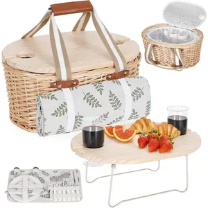 Picnic Basket Set for 2 - Wicker Insulated Picnic Basket with Waterproof Blanket, Folding Wine Picnic Table & Cutlery Kits, Picnic Baskets Kit for Camping, Outdoor, Valentine