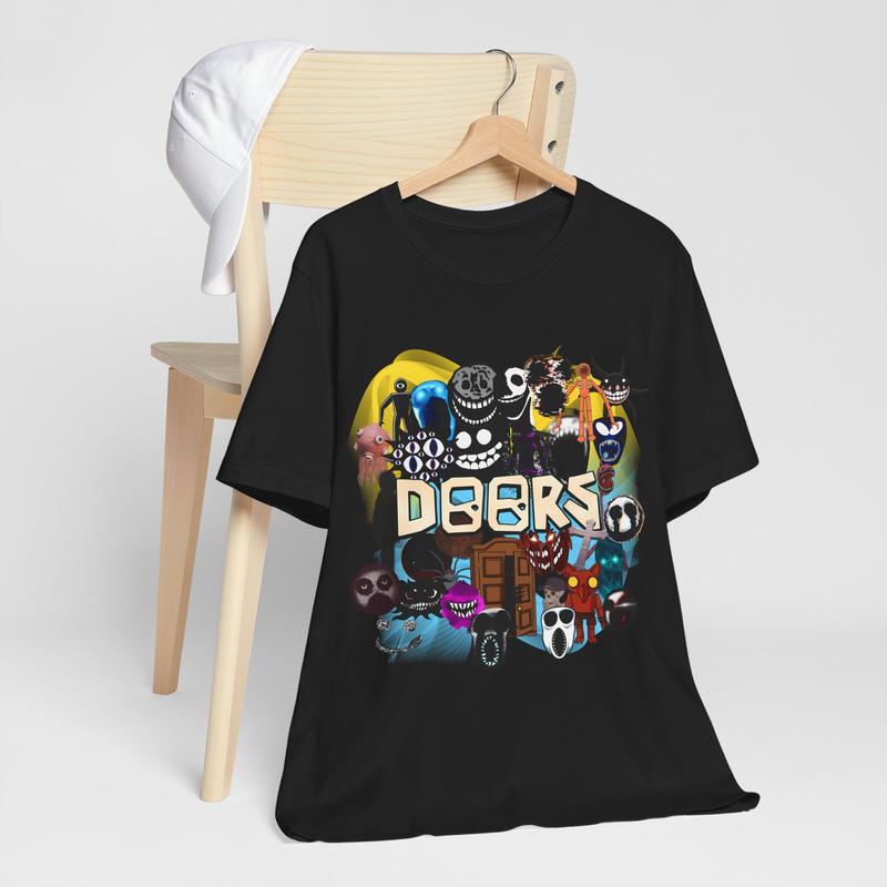 Doors Game Update Unisex Jersey Short Sleeve Tee, Roblox Concept Artwork, El Goblino, Entities, Curious Light