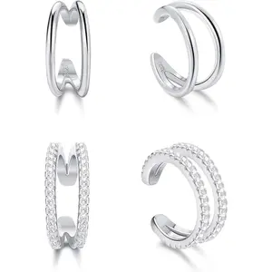 Milacolato 2 Pairs 925 Sterling Silver Non-Piercing CZ Fake Cartilage Cuff Earrings Conch Cuffs Earrings for Women Jewelry Gifts