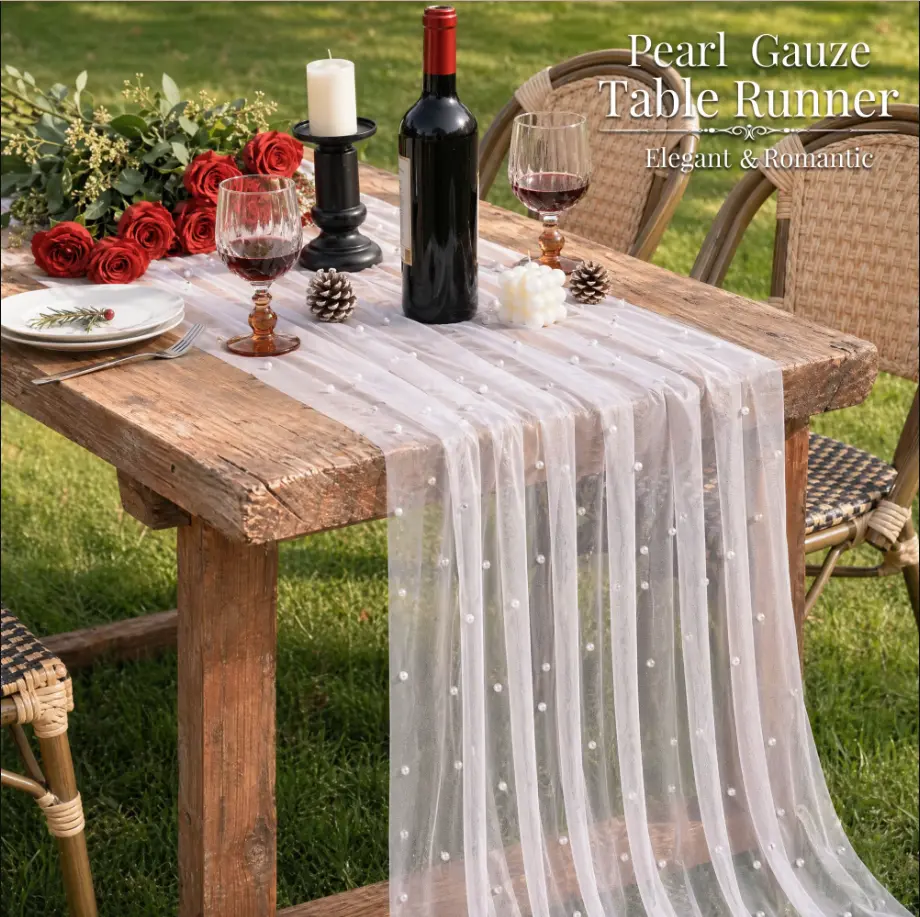 Pearl Gauze Table Runner 30x120 inch, 10ft Sheer Tulle Table Decor with Shatterproof Pearls for Wedding Party Dining, White, 3pcs