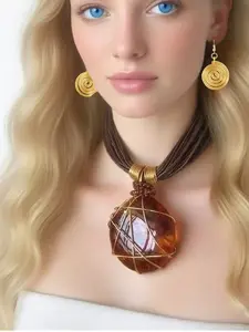 Classic Amber Color Pendant Necklace Set, Multi-Strand Wax Cord, Baroque Pattern, Perfect for Carnival Mother's Day Independence Day