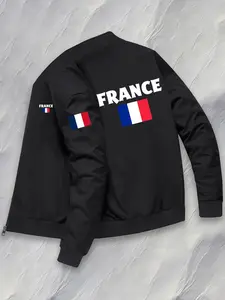 Men's French Flag Jacket with France Zipper Closure, Casual Fitted Outerwear, Geometric Pattern, High-Quality Polyester Fiber, Zippered Jacket