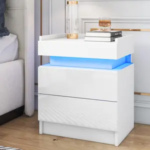 Hommpa High Gloss Tall 2 Drawer Nightstand LED Bedside Table Cabinet Bedroom Furniture White Hommpa High Gloss Tall 2 Drawer Nightstand LED Bedside Table Cabinet Bedroom Furniture White
