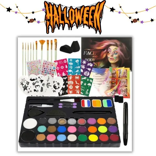 Face Painting Kit for Kids Non-Toxic Water Activated Face Paint Palette with Brushes Stencils & Face Gems Washable Face Paint Kit for Halloween Makeup Birthday Parties Cosplay Carnival Festivals & Body Art