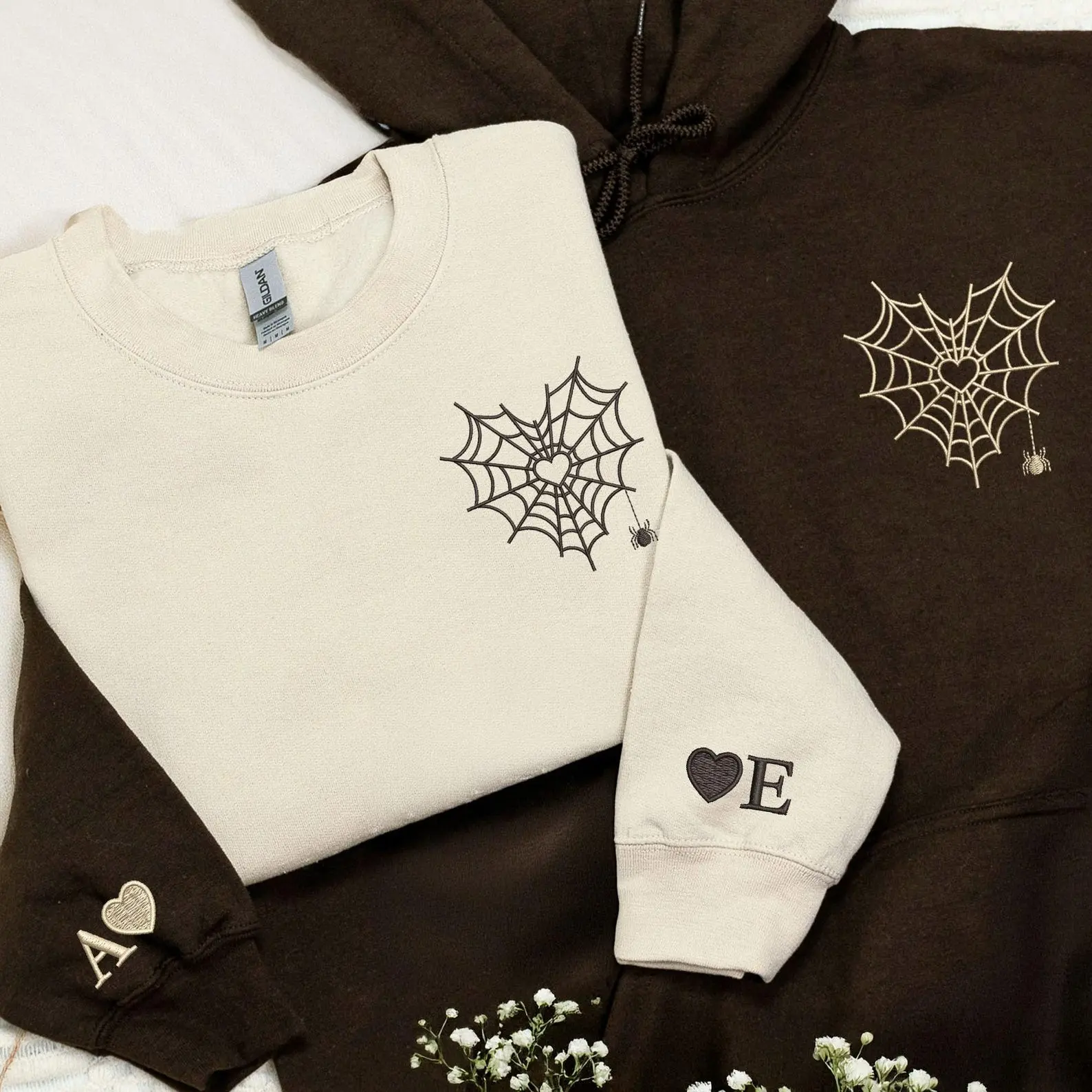 Halloween Embroidery Couple Personalized Sweatshirt, Spiderweb Heart Hoodie, Matching Sweater For Couple, Halloween Sweatshirt for Him Her