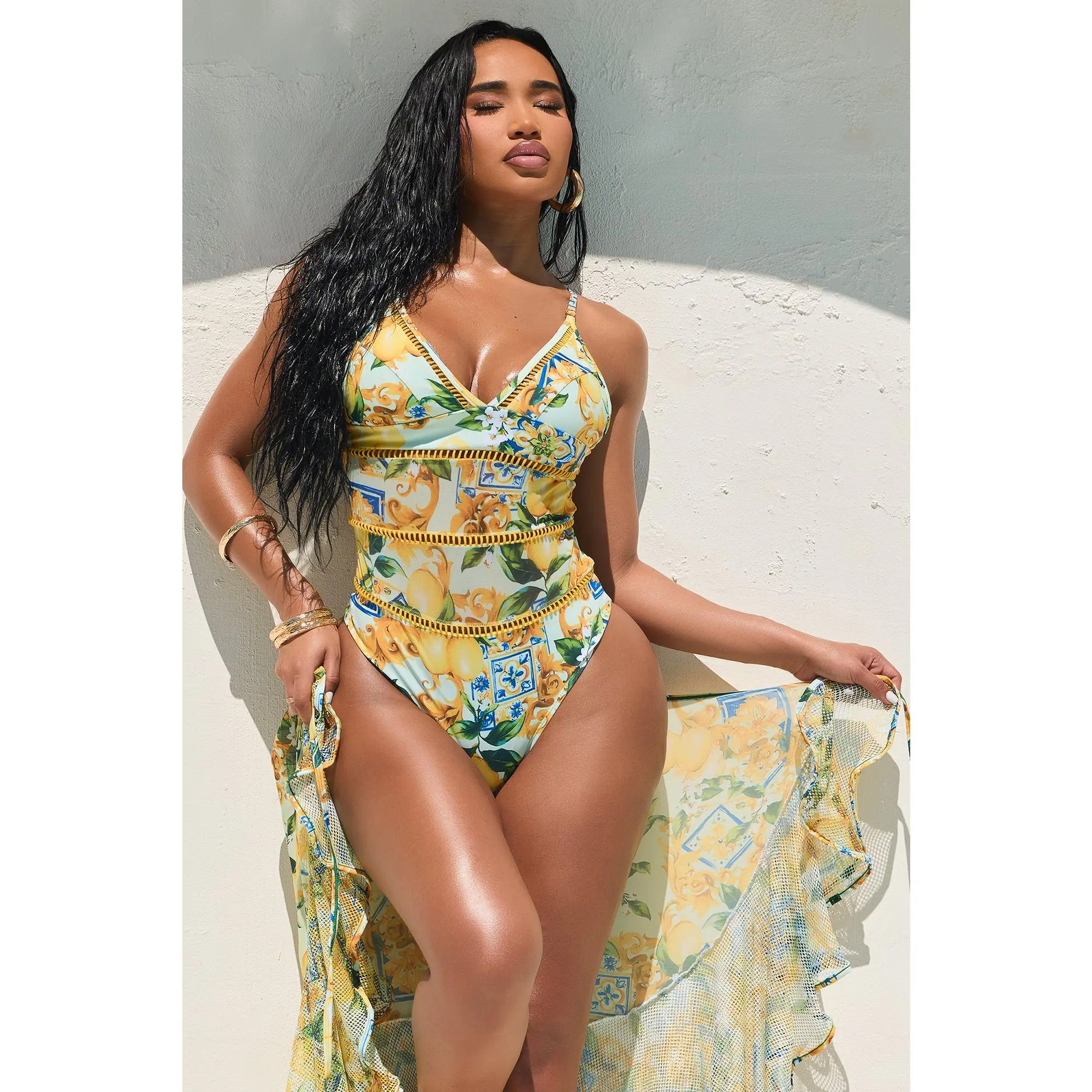 Nonna Lemon Mesh Cutout 1 Piece Swimsuit & Ruffle Fishnet Skirt Set - Yellow/combo Nonna Lemon Mesh Cutout 1 Piece Swimsuit & Ruffle Fishnet Skirt Set - Yellow/combo