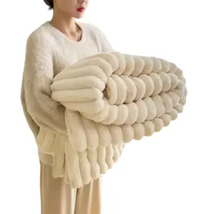 Fleece Throw Blanket for Couch, 300GSM Soft & Warm Fluffy Cream White Blanket, Decorative and Giftable Striped Blankets for Women, Men, Warmth Blanket