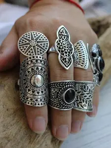 Vintage Ethnic Carved Stacking Ring Set, 8 Piece Alloy Jewelry Series, Artificial Gemstones, Unique Retro Distressed Unisex Accessories, Geometric Design Ring