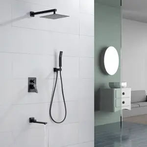 Three Functions Bathroom Rain Shower Set with 10Inch 12inch Square Oeverhead Shower, High-Pressure Hand Shower, Tub Spout and Vlave Trim in Brushed Nickel/Gold, Matte Black