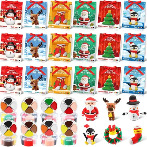 18/24/36 Set Christmas Gifts for Classroom, Air Dry Clay Gift Kit with Cards Bags Ribbon Mold, Xmas Theme Classroom gifts for Students, Holiday Gifts, Christmas Class Stocking Stuffers Christmas Party Favor