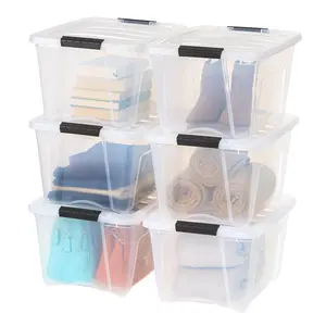 32-quart stackable plastic storage bins with lids, 6-pack - BPA-free, made in the USA - see-through organizing solution, latches, durable nestable containers, secure pull handle - clear
