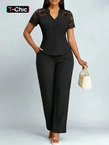 Women's Lace Patchwork V-Neck Short Sleeve Top & High Waist Wide Leg Pants Set, Casual Elegant Fashion Outfit Two-Piece Clothes, Womenswear