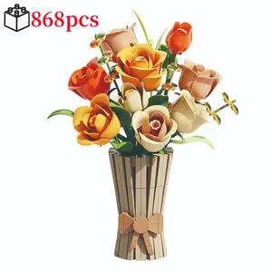 Creative Flower Stem Building Blocks Set, 1 Box DIY Rose Blocks Kit, Romantic Birthday Gift for Girlfriend, Home Decoration Ornament