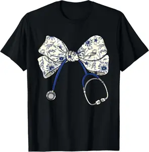 100%cotton Floral Blue Coquette Bow Nurse Stethoscope Nursing Doctor T-Shirt
