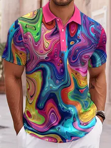 Men's short-sleeved Polo shirt - Rose red collar with colorful fluid art texture (glittering wave polka dots) design. Contrast-colored collar with white buttons. Fashionable artistic style.