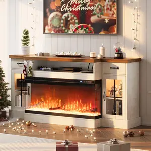 HOMBCK Fireplace TV Stand, for 80" TV, 70" Fireplace Entertainment Center, Adjustable Cabinet, 2 Drawers, LED Lights, TV Consoles