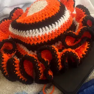 Crochet Ruffle Beanie and Slouch Hats - Orange Black White Color Block Design Hat with Ruffled Brim