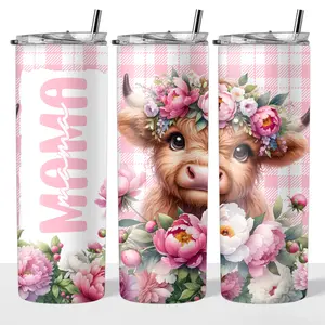 Pink Mama Highland Cow 20oz Steel Insulated Tumbler with Clear Lid and Reusable Straw - Flasks, Drinkware