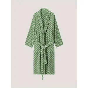 Men'sComfyCheckerboardPatternFleeceRobeHomePajamas,ShawlCollarOne-pieceLaceUpKimonoNight-robeWithPockets