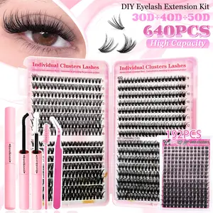 640/418/192 Cluster False Eyelash Set with 30D/40D/50D Eyelash Extensions, D Curl, Voluminous Style, Mixed Lengths of 9-16Mm, Long-Lasting And Natural, Reusable, Includes Glue, Tweezers, And Brush, Suitable for Beginners for Daily Use, Parties