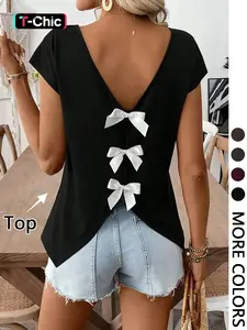 Women's V-Neck Cap Sleeve Bow Blouse, Basic Elegant Plain Commuter Top, Versatile Inner Wear, All-Season Fashion