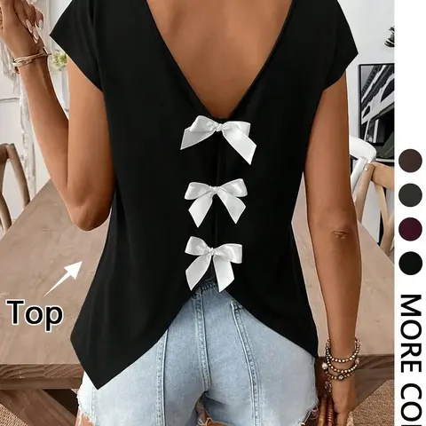 Women's V-Neck Cap Sleeve Bow Blouse, Womenswear Basic Casual Elegant Plain Commuter Top, Versatile Inner Wear, All-Season Fashion