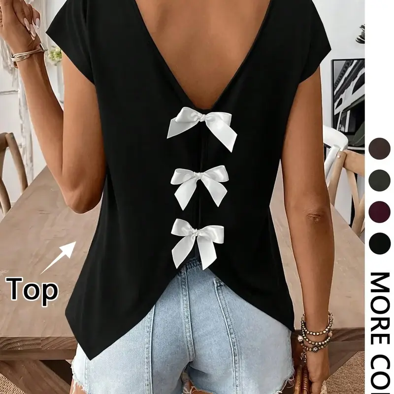 Women's V-Neck Cap Sleeve Bow Blouse, Womenswear Basic Casual Elegant Plain Commuter Top, Versatile Inner Wear, All-Season Fashion