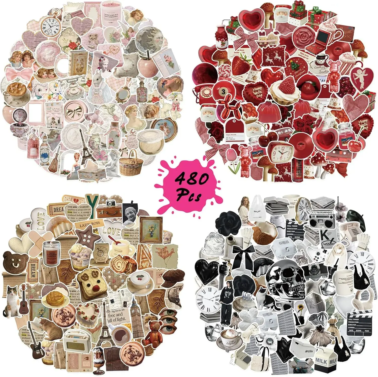 PRSTINCOL 480 Pcs Vintage Aesthetic Vinyl Stickers - Compact, Handheld Scrapbooking & Stamping Accessories, Durable Personalized DIY Supplies for Water Bottles, Skateboards, Smartphones