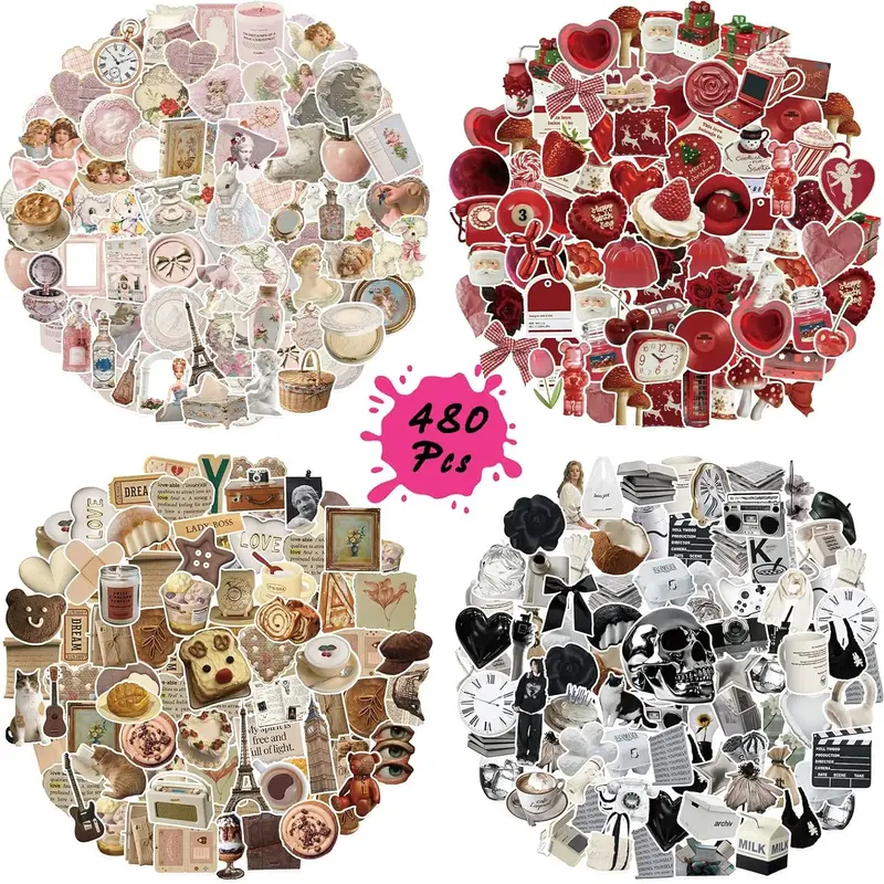 PRSTINCOL 480pc Retro Vibe Fast Vinyl Stickers - Compact DIY Scrapbooking & Stamping Accessories, Durable Easy-Apply Supplies for Junk Journal Aesthetic, Water Bottles, DIY Your Gear