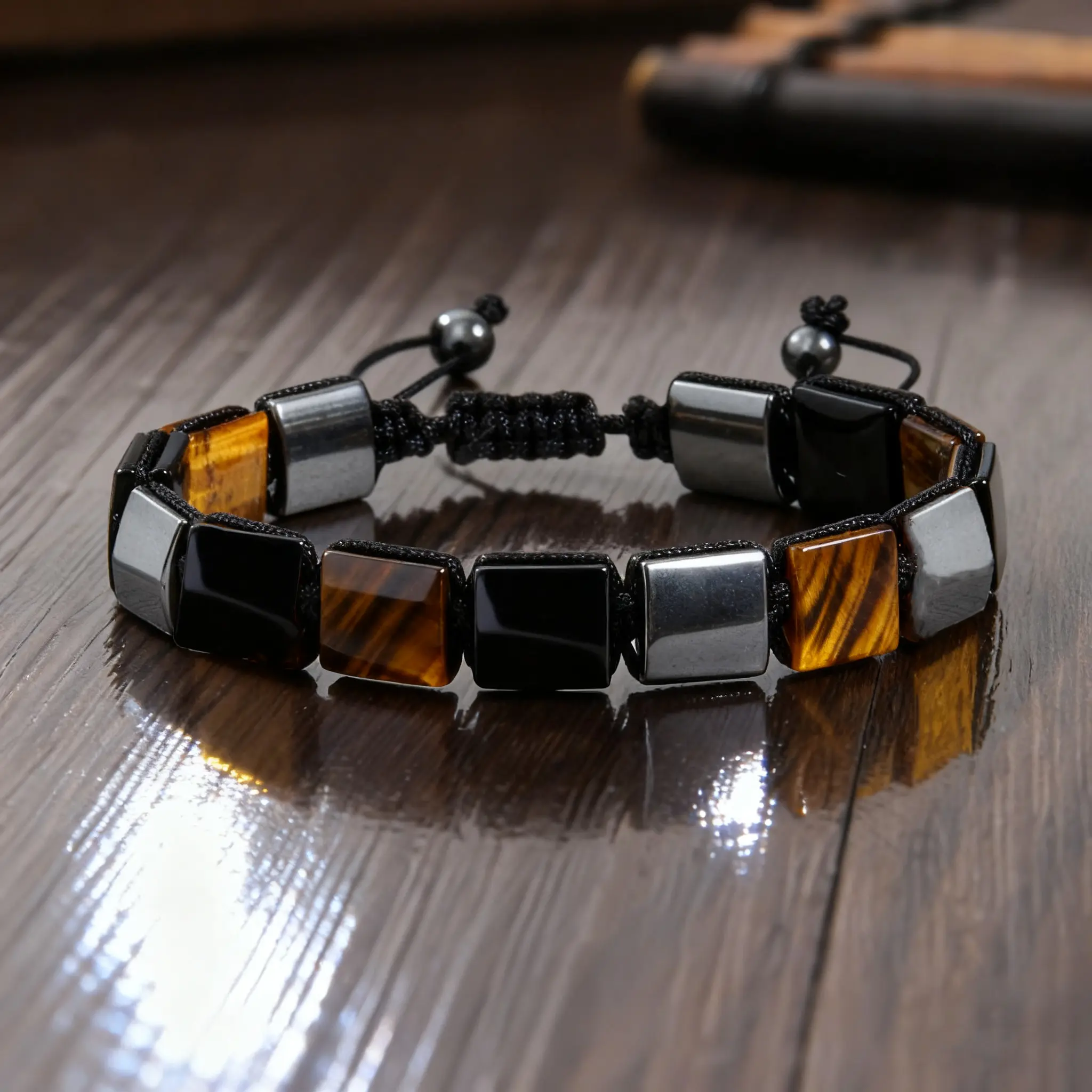 Triple Protection Tiger Eye, Black Obsidian & Hematite Bracelet Natural Stone Cube Beads Bracelet for Men Women Adjustable Arm Ring Jewelry