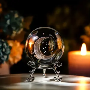 1 creative 6CM crystal glass ball with a metal stand, 3D engraved moon and star desktop decoration, office, study and bedroom desktop glass ball decoration, Decoration Items, Home Decor Accessory