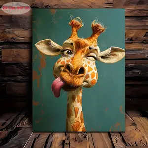 2D Flat, 1pc Whimsical Giraffe Canvas Wall Art - 29.97x39.88 cm Wooden Frame Retro Classic Decor, Playful Tongue-Out Design for Bedroom, Living Room, Kitchen, Bathroom - Perfect Holiday & Family Gift, Giraffe Decor