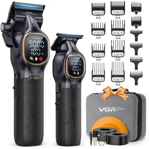 VGR Professional Hair Clippers for Men, Professional Barber Clippers and Trimmer Set, Cordless Hair Clippers for Hair Cutting with Package Case, Powerful 9000 PRM Rechargable Electric Clippers，Money-saving home haircut kit
