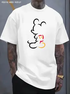 Men's Mickey Mouse Line Pattern Print, Casual Loose Fit, Comfortable Fashion, Essential Wardrobe Item, Short Sleeve, Geometric Letters Design, Casual Style Tee, Streetwear
