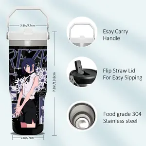 Anime C-Chainsaw M-Man Vacuum Flasks 30oz Stainless Steel Flip Straw Tumbler with Handle | Leakproof Twist Lid | Double Wall Vacuum Insulated BPA-Free Reusable Cup for Gym, Work & Travel, Drinkware, Hydration Tumbler