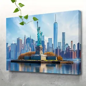 2D Flat, 2D Flat, 1pc Framed Canvas Artwork Featuring The Statue of Liberty And The New York City Skyline in a Panoramic View. This Large Wall Art Poster Measures 15.7X23.6 Inches (40X60Cm) And Is Ready to Hang, Making It Suitable for Office
