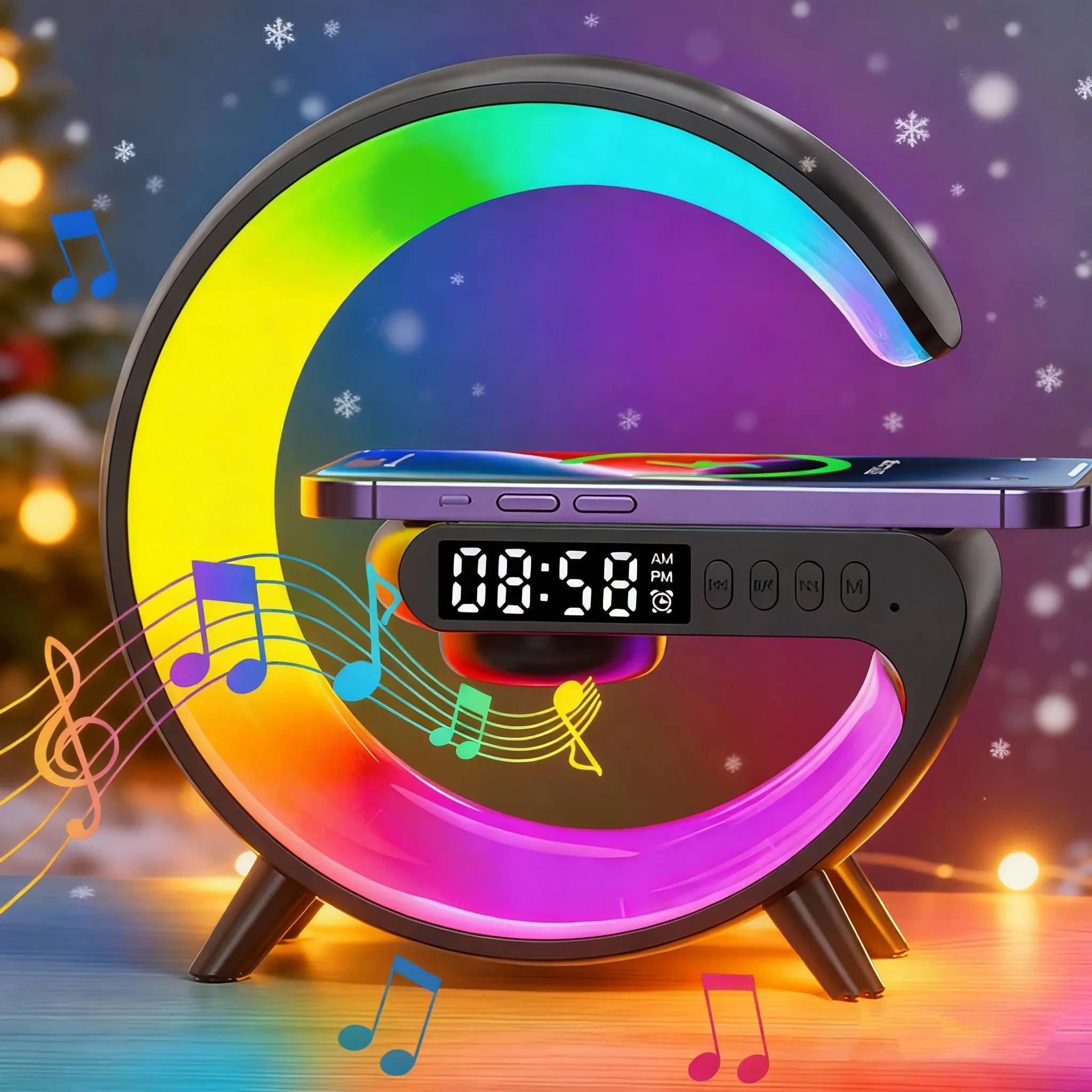 New 4 In1 Bluetooth-Compatible Multifunctional Portable LED Light Speaker Automatic Atmosphere Light Wireless Charging Music Lamp Desktop Bedside Decor Timer Alarm Nightlight Clock