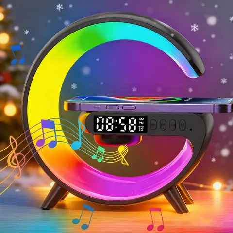 New 4 In1 Bluetooth-Compatible Multifunctional Portable LED Light Speaker Automatic Atmosphere Light Wireless Charging Music Lamp Desktop Bedside Decor Timer Alarm Nightlight Clock LED Speakers