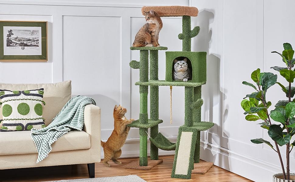 Yaheetech 63" H Tall Cactus Cat Tree - Multi-Level Indoor Cat Tower with Sisal-Covered Scratching Posts, Condo, Hammock Activity Center for Kittens