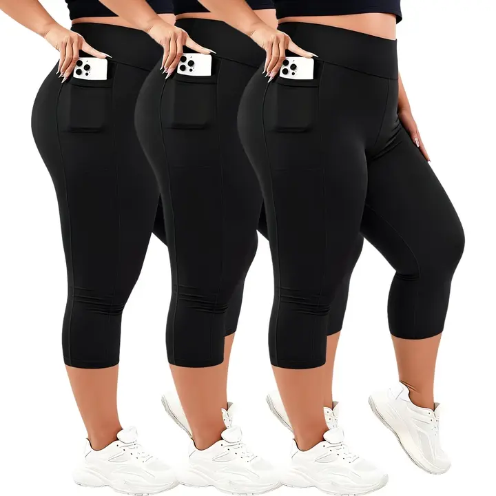 3 Pack Plus Size Women's Buttery Soft Capri Leggings High Waisted High Stretch Gym Workout Pants with Tummy Control and Pockets High Stretch Leggings