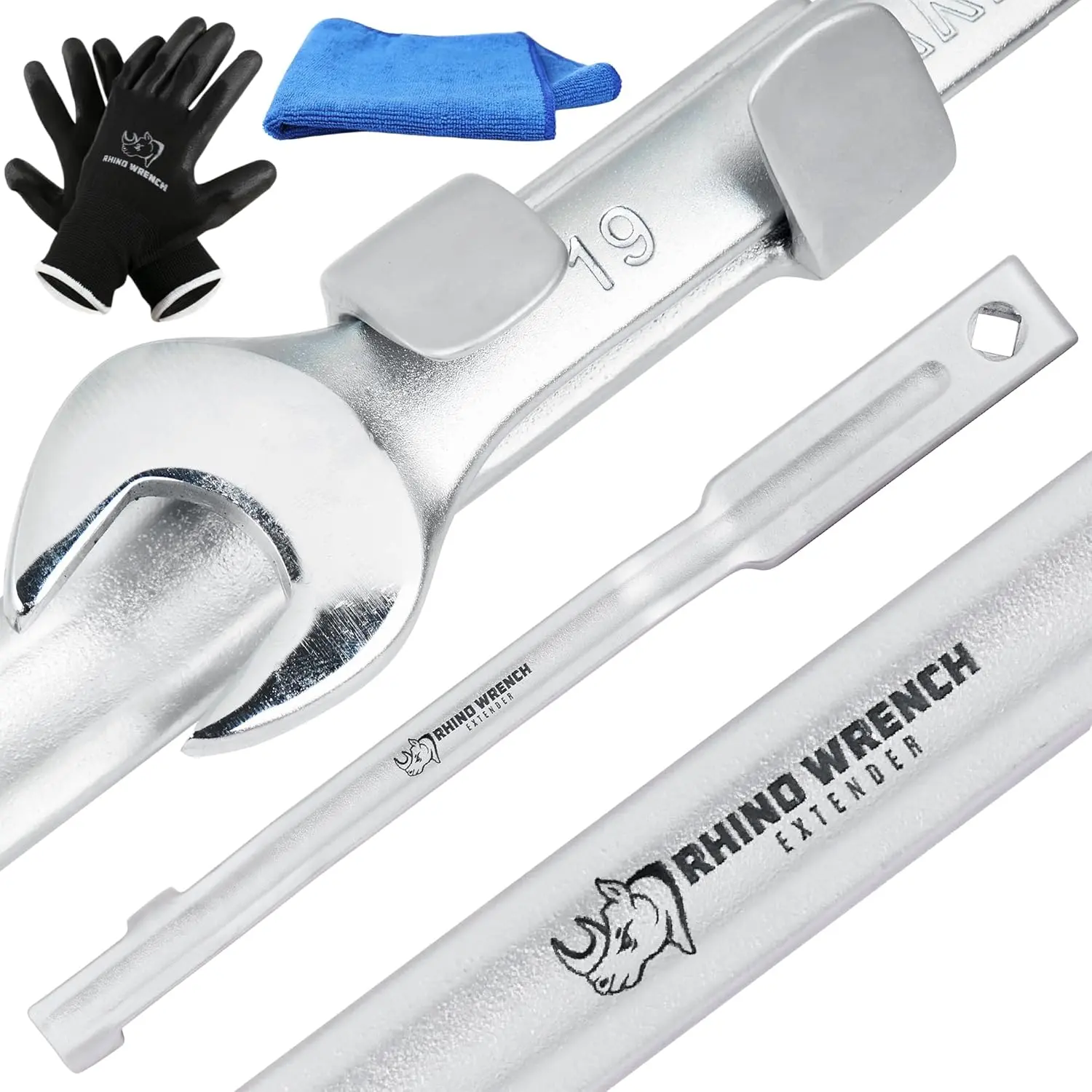 Rhino Wrench Extender Tool Bar - Extra-Long 15" Wrench Extension for Maximum Leverage - Heavy Duty Torque Multiplier with Non-Slip Gloves and Microfiber Towel - Specialty Tools ()