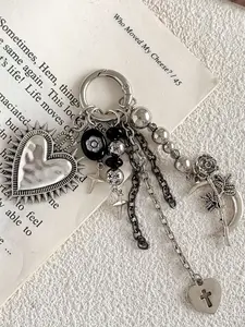 Moon Rose Bag Charm, Silver Tone Cross Star Tassel Keychain For Bags, Punk Style Purse Pendant for Women