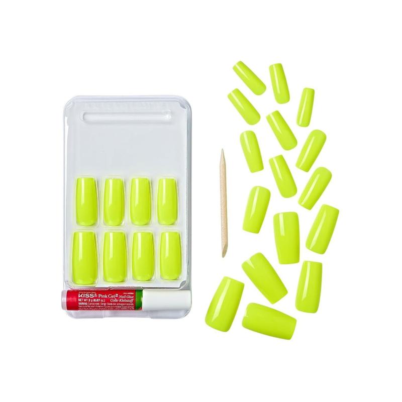 GoldFinger Neon Yellow Press On Nails Kit, Ready to Wear False Nails, Manicure Stick and Glue Included, Long Square Shape, Long-Lasting Hottest Trend Glue on Nails