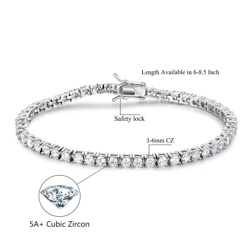 GEMSME Unisex 6mm Brass Round Cut Cubic Zirconia Waterproof Tennis Bracelet - 6 inch (Women), Tennis Chain, Bracelets for Women, Easy Layering, High-Quality Sohochic Casual Jewelry, 30-Day Quality Guarantee Gift