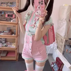 Japanese Kawaii Lolita Style Shorts T-Shirt Sets Women Sweet Cute Bow Cartoon Embroidery Tees Overalls Short Pants  Outfits