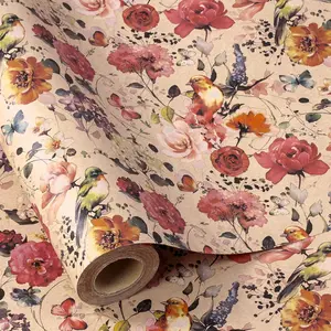 Floral Wrapping Paper Bouquet for Women, 17 in x 16.4 ft, Mini Roll, Blooming with Bird and Butterfly Design, Kraft Wrapping Paper Roll for Spring, Birthday and Baby Shower